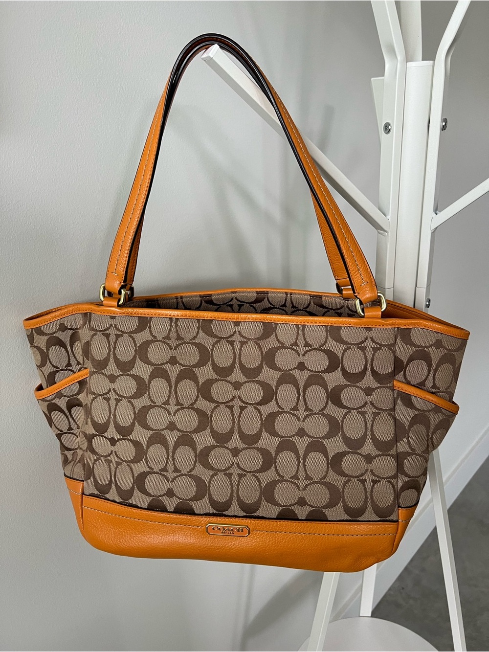 Coach Signature Carrie Canvas Tote with Orange Trim